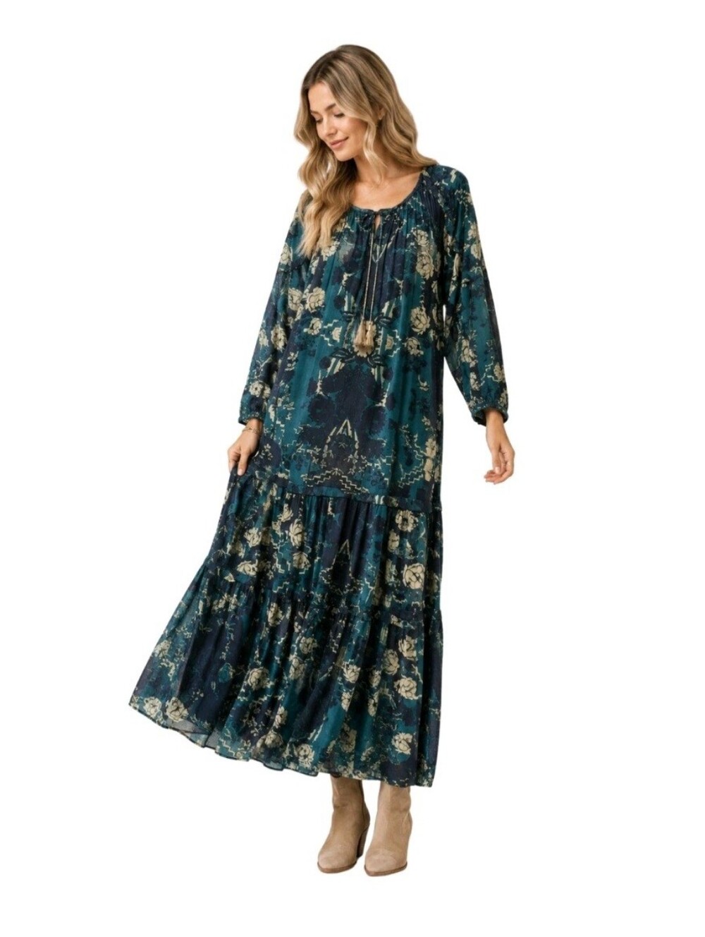Natural Life Dress Floral Tiered Maxi Tassel Tie Neck Long Sleeve Boho Size XS